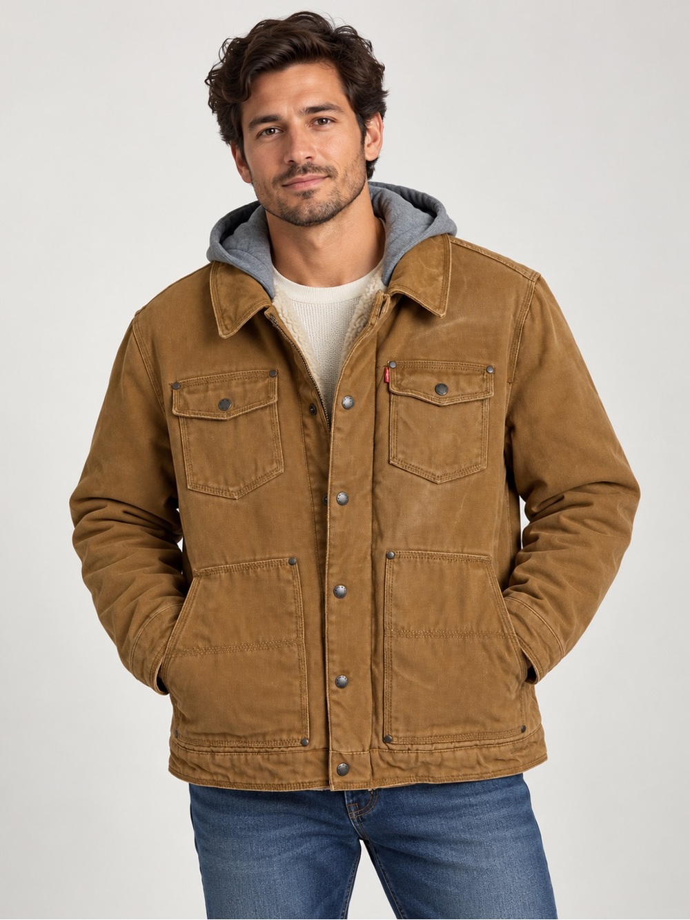 Levi’s Sherpa Lined Hooded Canvas Jacket Brown Heritage Workwear Utility Medium